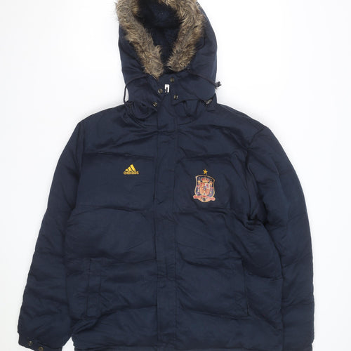 Adidas Men’s Blue Puffer Jacket L Hooded Spain Football Winter Coat