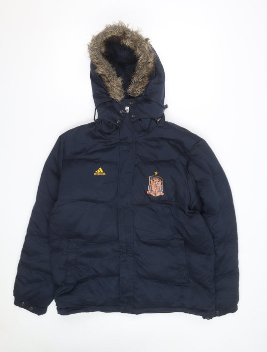 Adidas Men’s Blue Puffer Jacket L Hooded Spain Football Winter Coat
