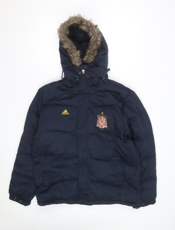 Adidas Men’s Blue Puffer Jacket L Hooded Spain Football Winter Coat