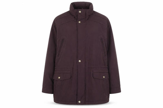 Front view of World League women’s brown long parka jacket, size UK 26, lined zip pockets
