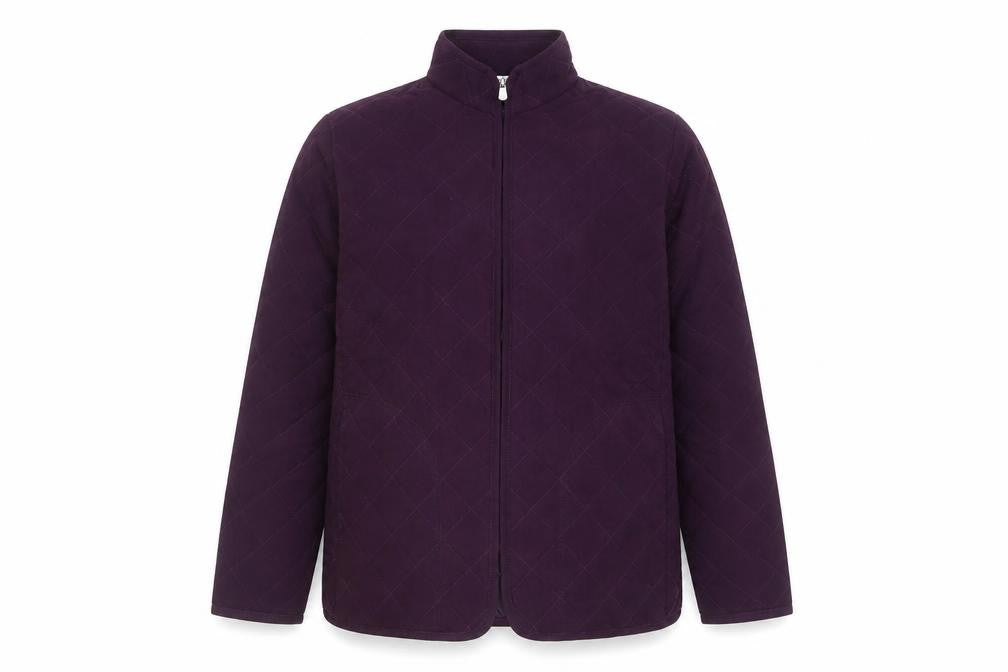 Front view of Alia Sport Men's Purple Quilted Mid-Length Jacket, size S
