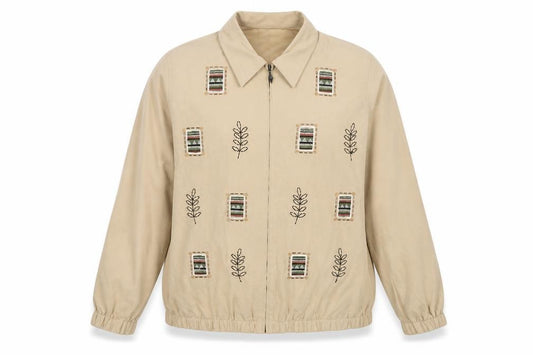 Front view of Alfred Dunner women’s beige embroidered zip jacket, size UK 12