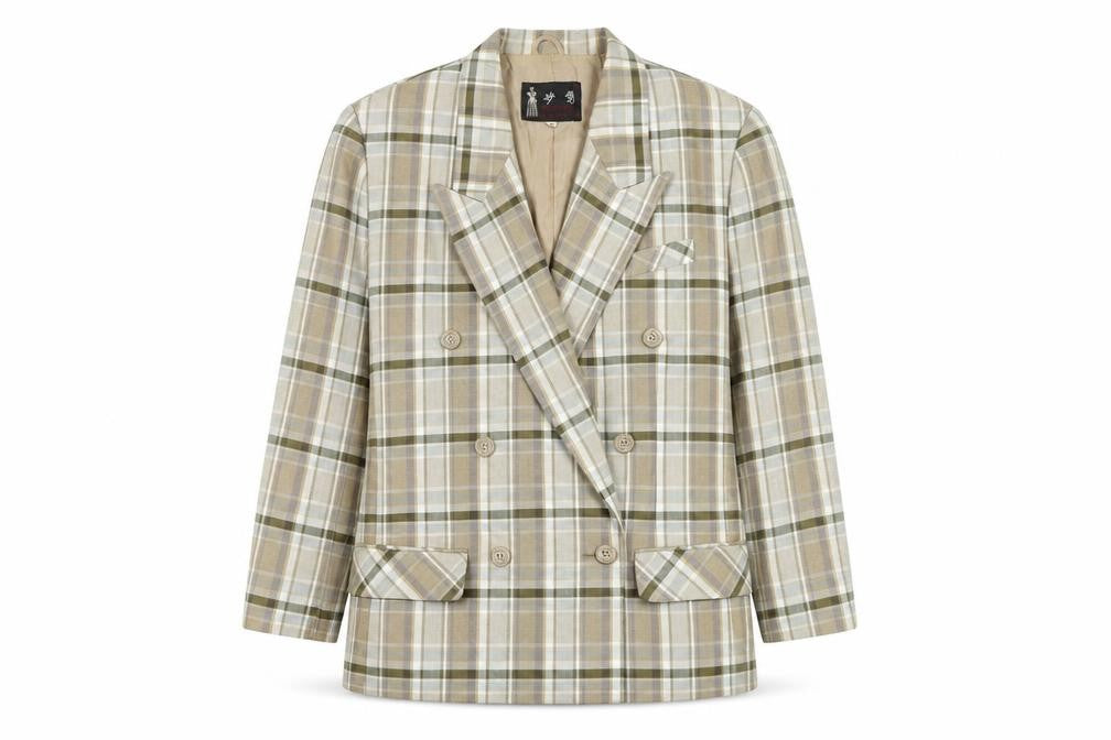 Front view of Miaoying Men's Beige Check Blazer M Regular Fit Business Jacket