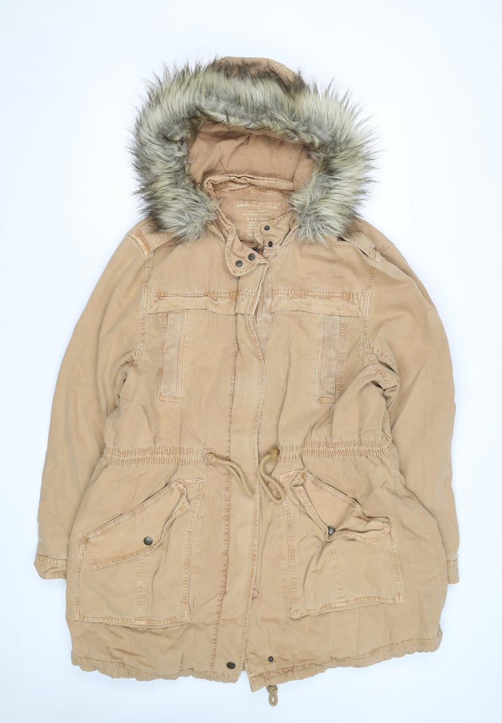 American Eagle Men's Beige 2XL Parka Coat Hooded Faux Fur Trim Winter Jacket