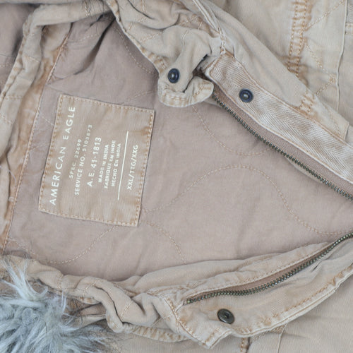 American Eagle Men's Beige 2XL Parka Coat Hooded Faux Fur Trim Winter Jacket