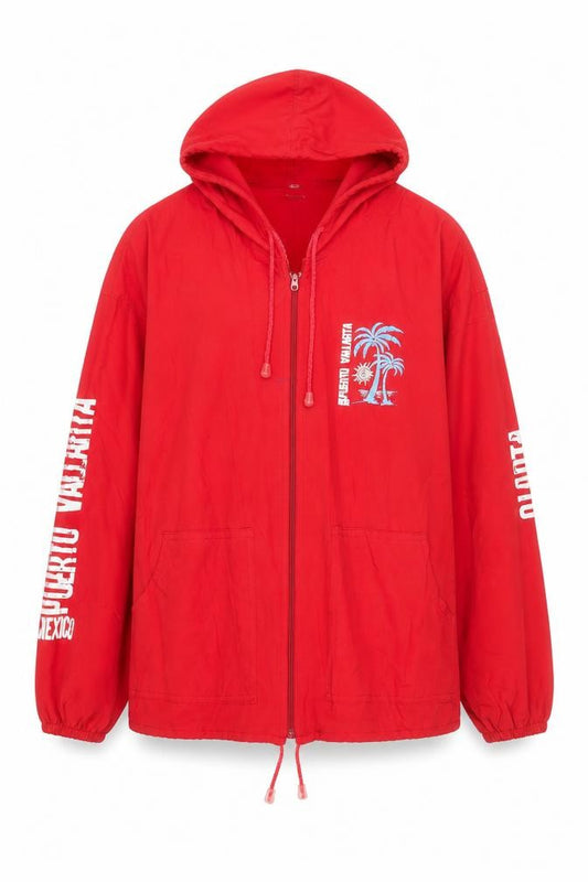 Front view of Confecciones Sol Men’s Red Full Zip Beach Hoodie M Puerto Vallarta Mexico