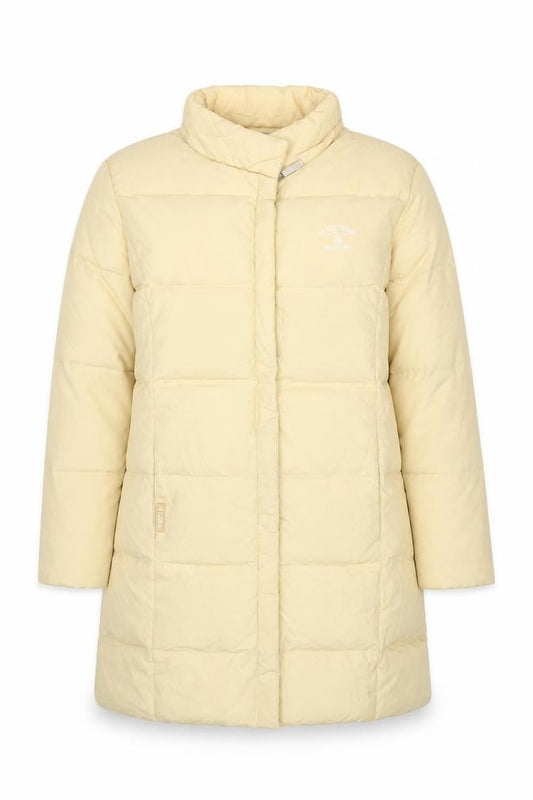 Front view of E.J. Sports women’s beige, size UK 12, long puffer coat winter warm