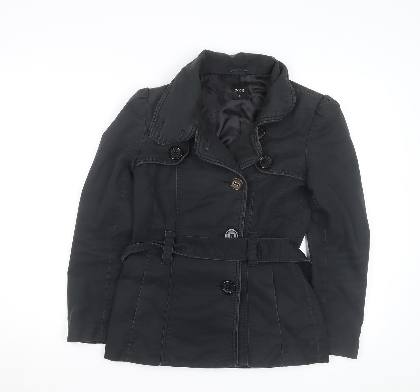 Oasis Women's Black Trench Coat Size S Belted Mid-Length Classic