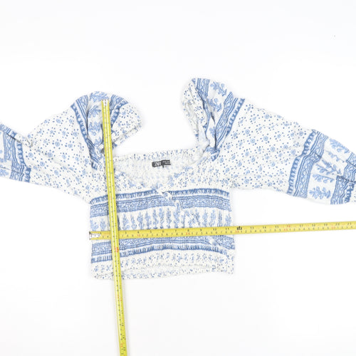 ZARA Women's Blue Floral Cropped Bohemian Long Sleeve Blouse Size 12