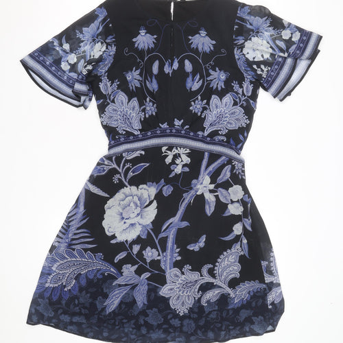 Lipsy Women’s Blue Floral Chiffon Fit & Flare Short Dress Size 8
