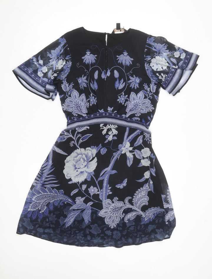Lipsy Women’s Blue Floral Chiffon Fit & Flare Short Dress Size 8