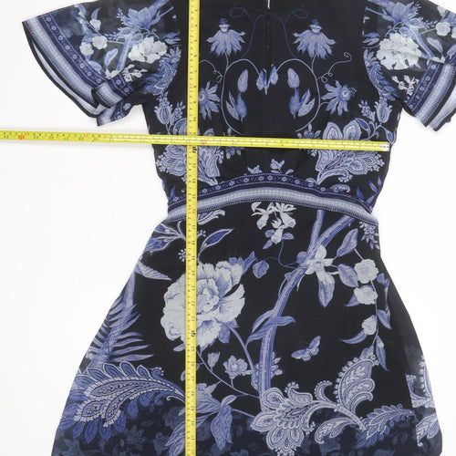 Lipsy Women’s Blue Floral Chiffon Fit & Flare Short Dress Size 8