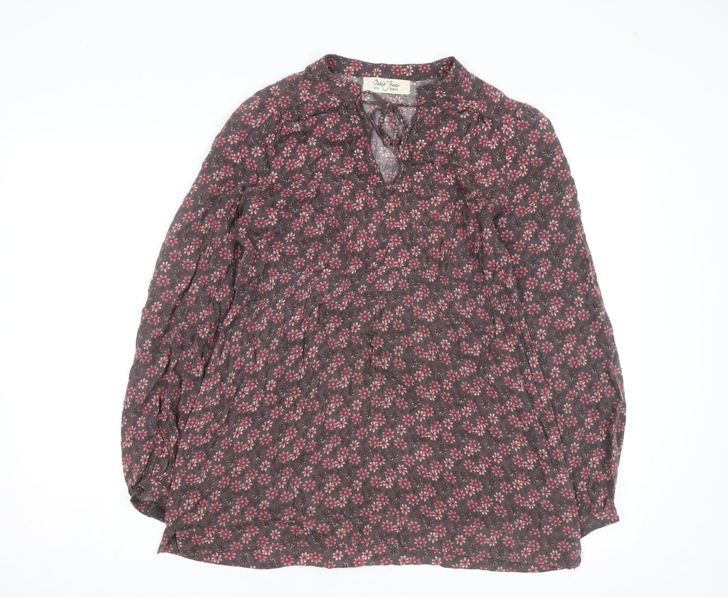 Oasis Women Brown Floral Long Sleeve Tunic Blouse Size 10