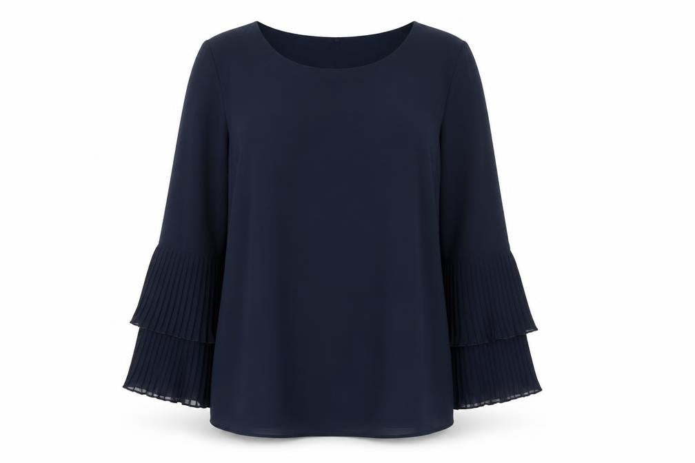 Front view of Apricot Women's Blue Pleated Long Sleeve Tunic Blouse, size 10