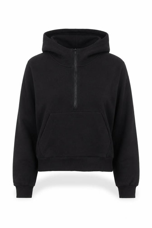 Front view of Athleta women’s black 1/2 zip hooded pullover sweatshirt, size S