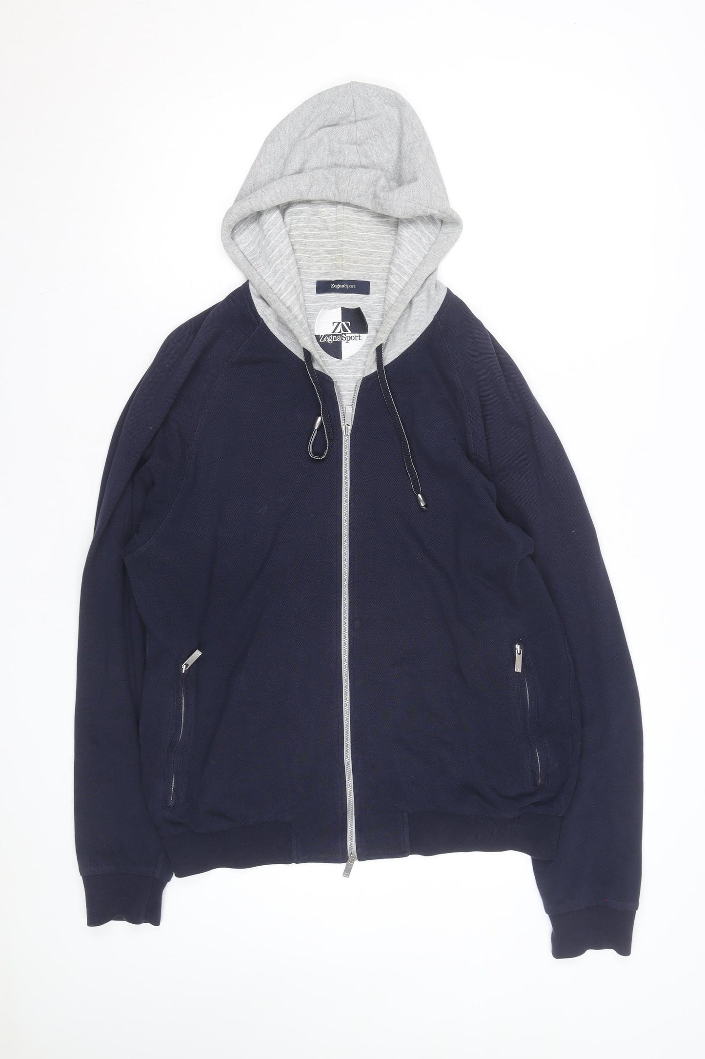 Zegna Sport Mens Blue Full Zip Hoodie with Grey Hood Size L