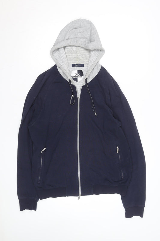 Zegna Sport Mens Blue Full Zip Hoodie with Grey Hood Size L
