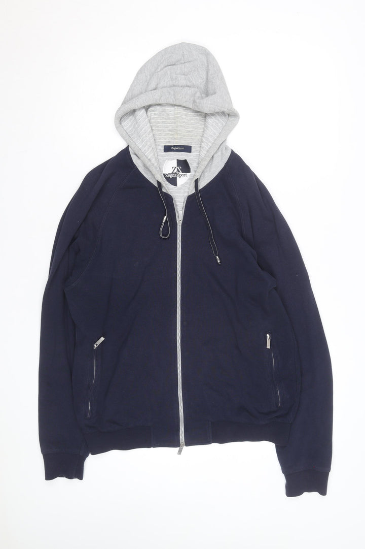 Zegna Sport Mens Blue Full Zip Hoodie with Grey Hood Size L