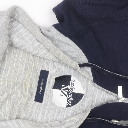 Zegna Sport Mens Blue Full Zip Hoodie with Grey Hood Size L