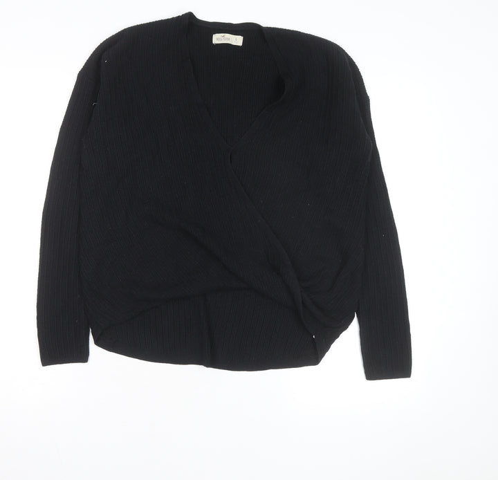 Hollister Women's Black Wrap Knit V-Neck Jumper Size 14
