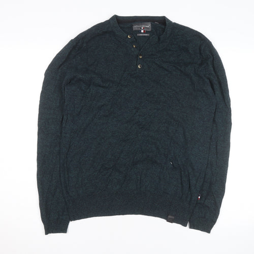 Superdry Mens Green Henley Knit Jumper Size L Long Sleeve Casual