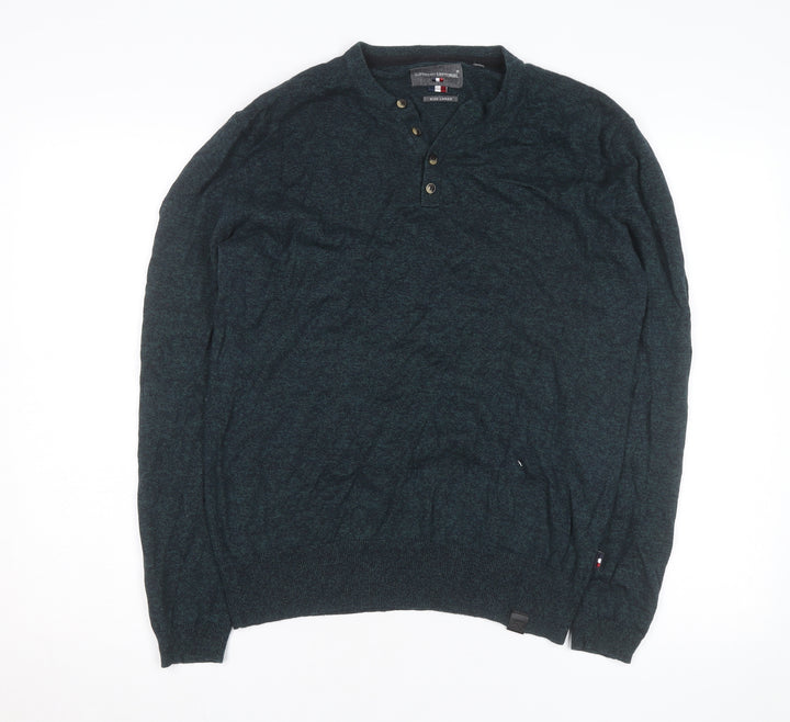 Superdry Mens Green Henley Knit Jumper Size L Long Sleeve Casual