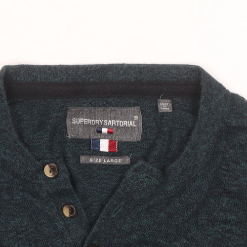 Superdry Mens Green Henley Knit Jumper Size L Long Sleeve Casual
