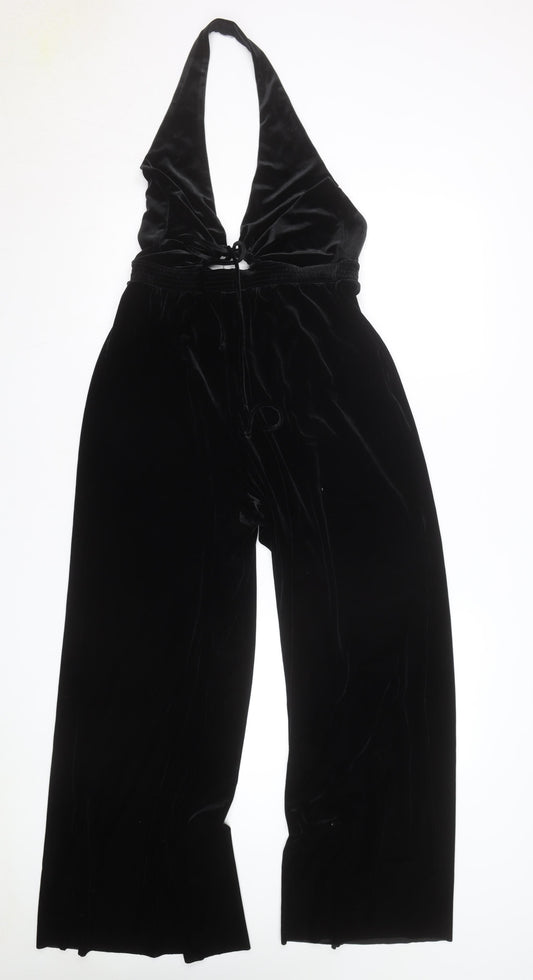 Urban Outfitters Women’s Black Velvet Halter Jumpsuit Size L Wide-Leg