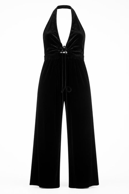 Urban Outfitters Women’s Black Velvet Halter Jumpsuit Size L Wide-Leg