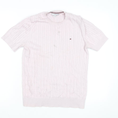 Tommy Hilfiger Men's Pink Cable Knit Cotton Short Sleeve Jumper M