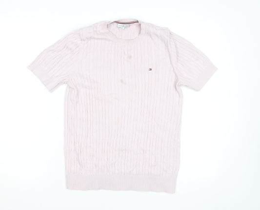 Tommy Hilfiger Men's Pink Cable Knit Cotton Short Sleeve Jumper M