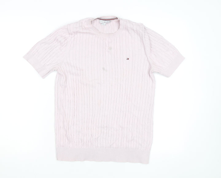 Tommy Hilfiger Men's Pink Cable Knit Cotton Short Sleeve Jumper M