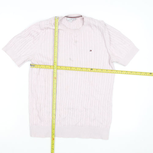Tommy Hilfiger Men's Pink Cable Knit Cotton Short Sleeve Jumper M
