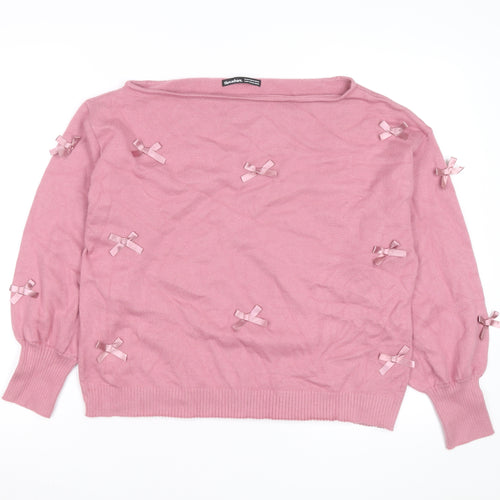 Threadbare Women's Pink Bow Knit Jumper Size 16 Boat Neck