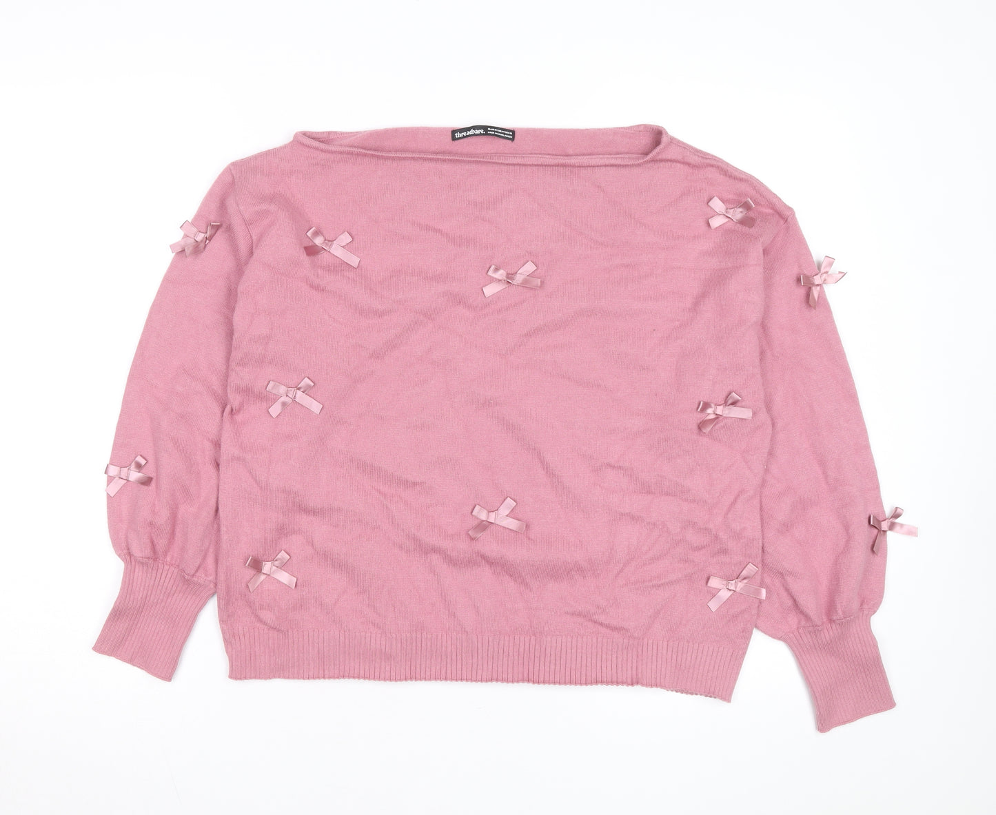 Threadbare Women's Pink Bow Knit Jumper Size 16 Boat Neck