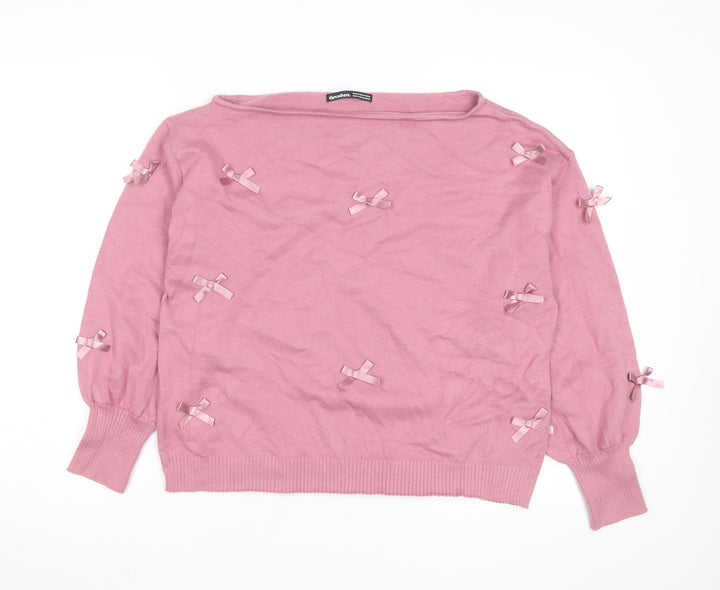 Threadbare Women's Pink Bow Knit Jumper Size 16 Boat Neck