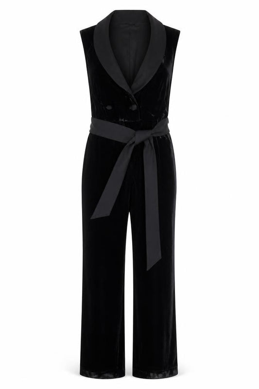 Next Women’s Black Velvet Belted Sleeveless Jumpsuit Size 14