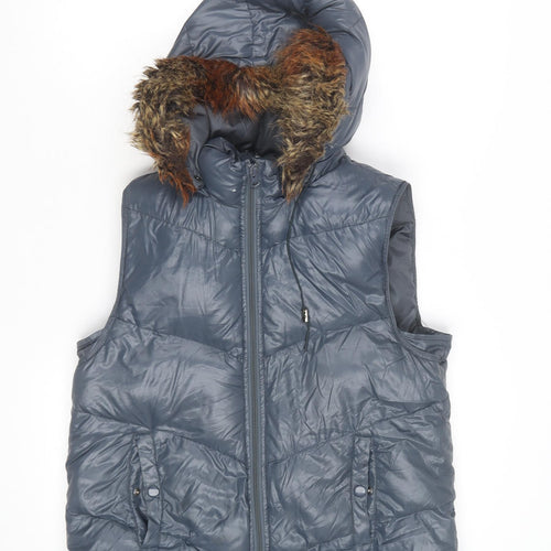 Gap Men's Blue Hooded Puffer Gilet M Faux Fur Trim Winter Waistcoat