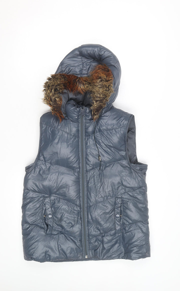 Gap Men's Blue Hooded Puffer Gilet M Faux Fur Trim Winter Waistcoat