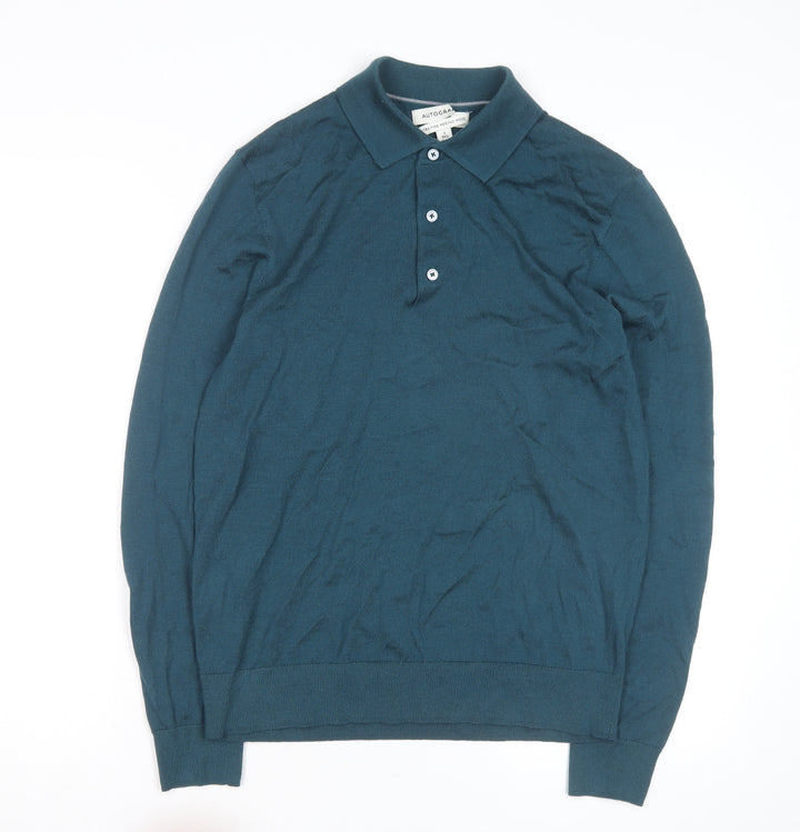 Marks and Spencer Autograph Men's Teal Merino Wool Long Sleeve Polo Shirt Size S