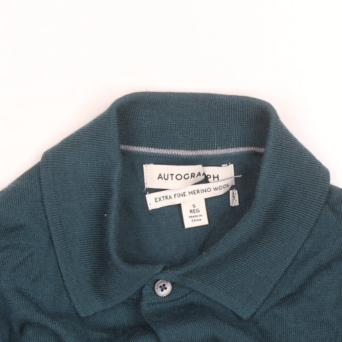 Marks and Spencer Autograph Men's Teal Merino Wool Long Sleeve Polo Shirt Size S