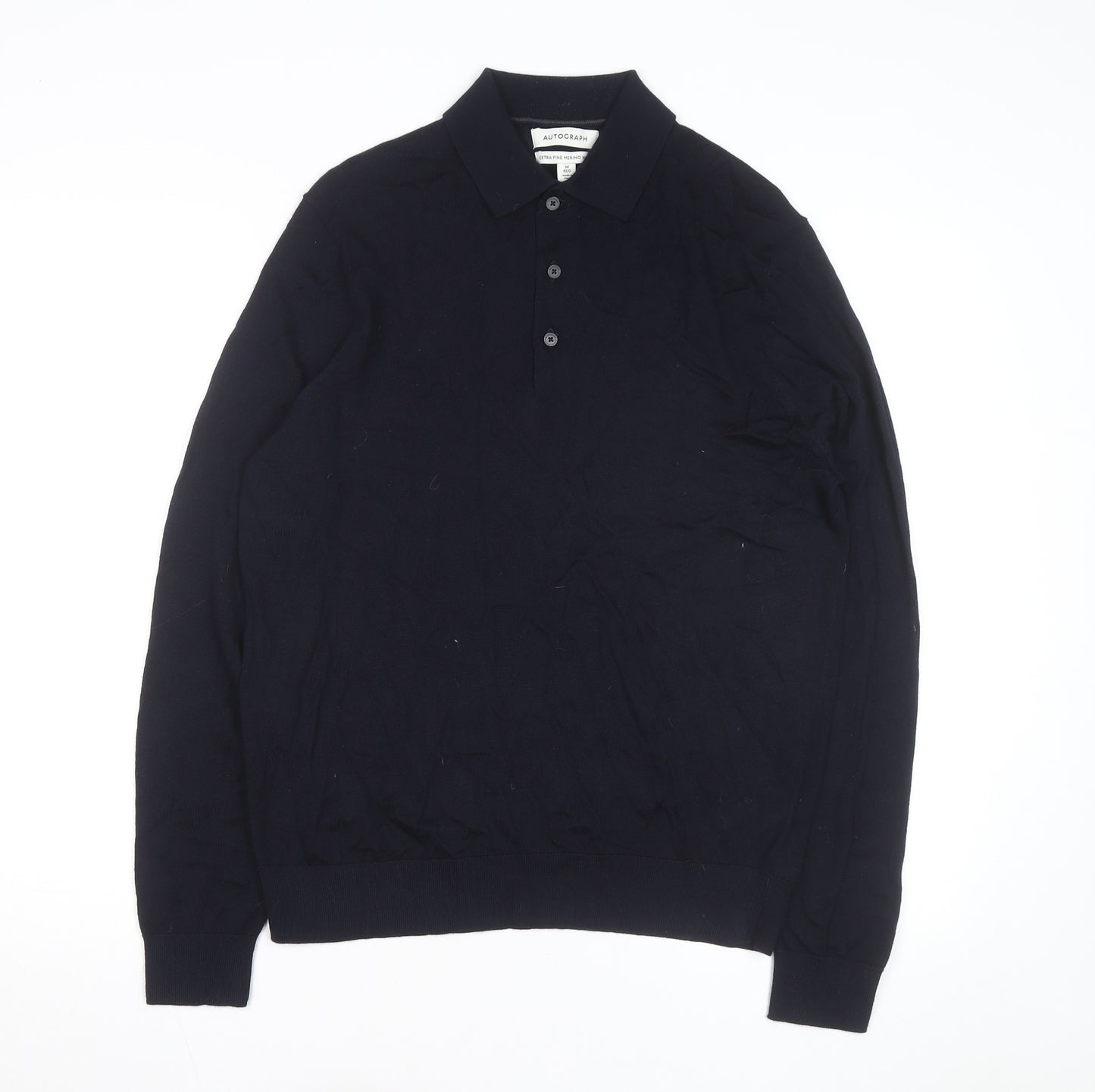 Marks and Spencer Autograph Men's Black Merino Wool Long Sleeve Collared Polo M