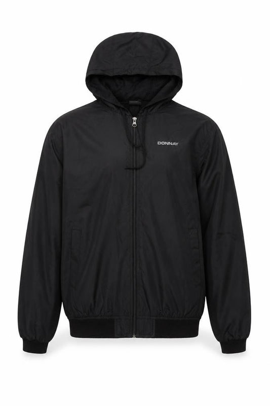 Front view of Donnay Men’s Black Hooded Windbreaker Jacket, size S