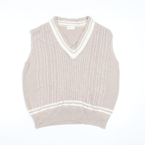 Mongcode Women Beige Cable-Knit V-Neck Sleeveless Jumper Vest M
