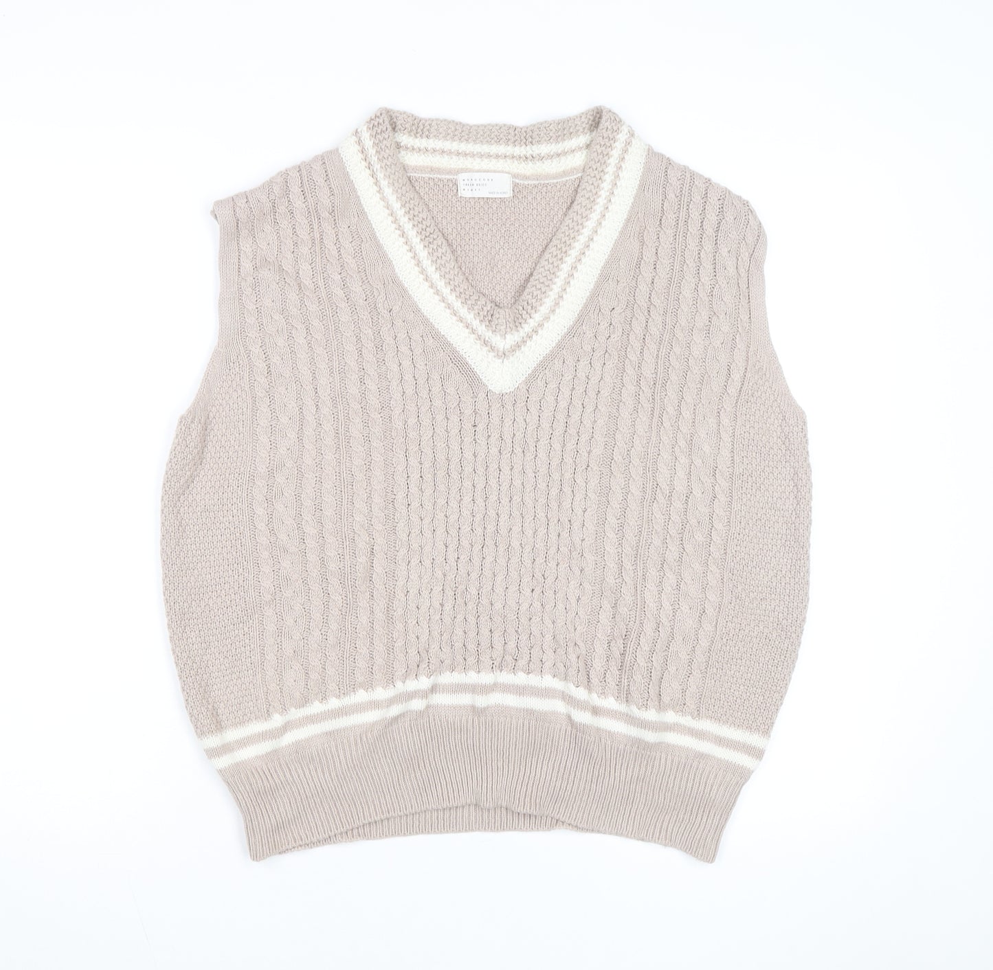Mongcode Women Beige Cable-Knit V-Neck Sleeveless Jumper Vest M