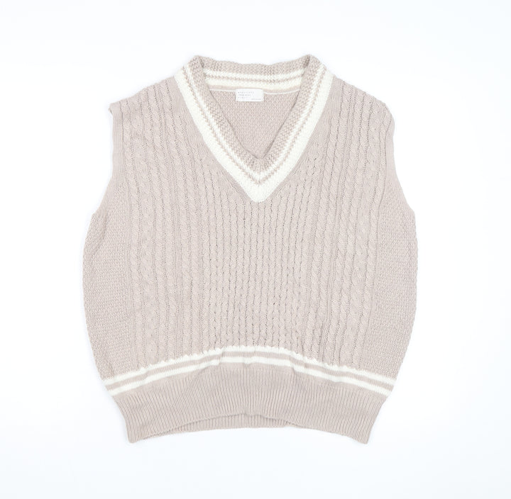 Mongcode Women Beige Cable-Knit V-Neck Sleeveless Jumper Vest M