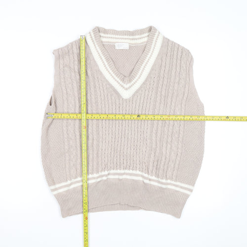 Mongcode Women Beige Cable-Knit V-Neck Sleeveless Jumper Vest M