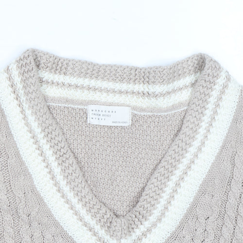 Mongcode Women Beige Cable-Knit V-Neck Sleeveless Jumper Vest M