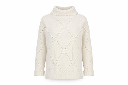 Front view of Gharani Strok Women’s Ivory Roll Neck Wool Cashmere Knit Jumper, size UK 16
