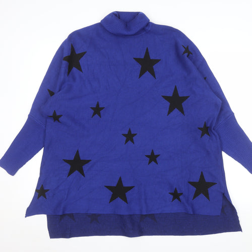 Colour Eighteen Women Blue Star Roll Neck Long Sleeve Relaxed Jumper M